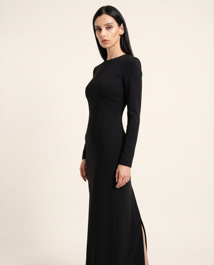 High-Neck Crepe Column Maxi Dress