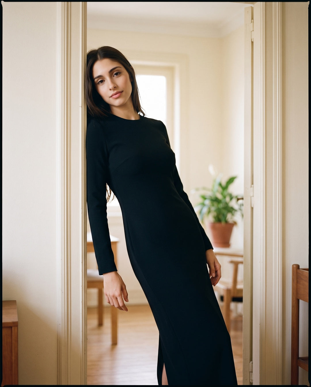 High-Neck Crepe Column Maxi Dress
