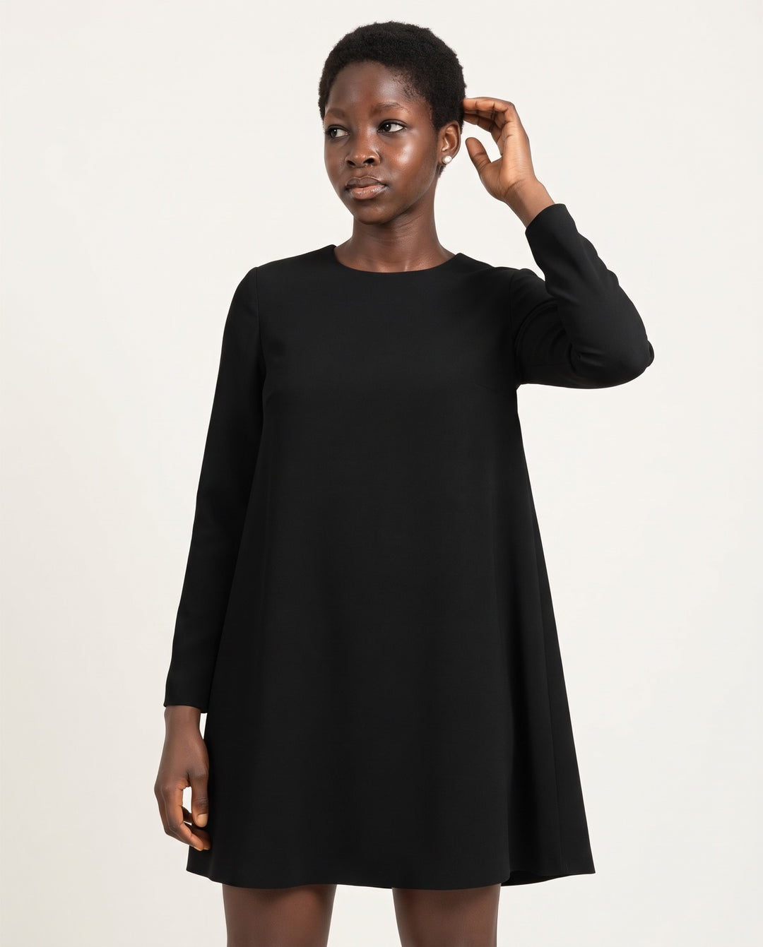 Long-Sleeve Crepe Trapeze Midi Dress