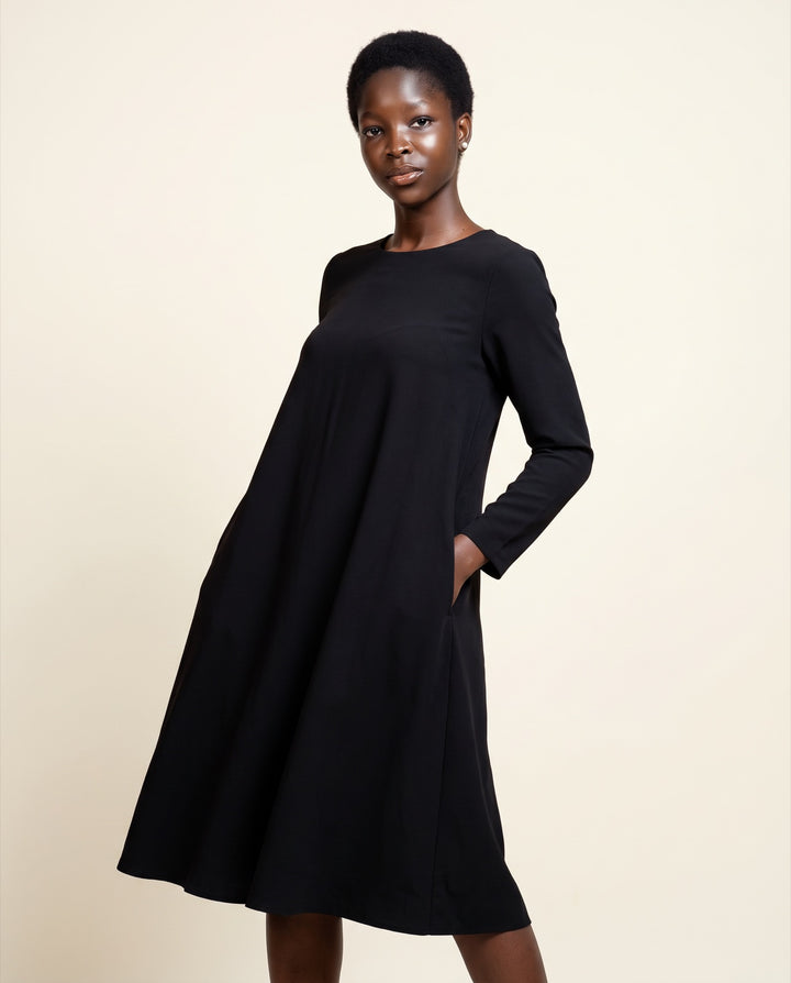Long-Sleeve Crepe Trapeze Midi Dress