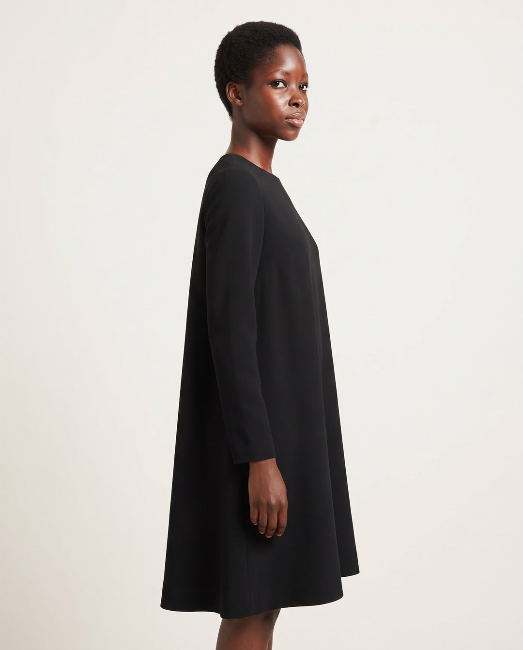 Long-Sleeve Crepe Trapeze Midi Dress