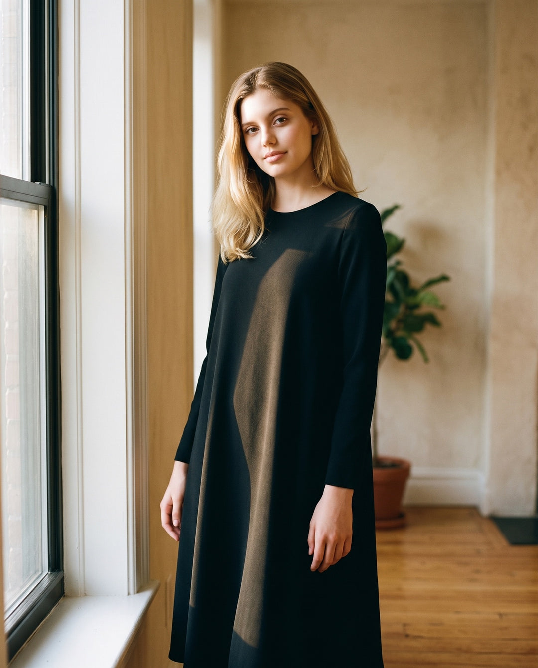 Long-Sleeve Crepe Trapeze Midi Dress