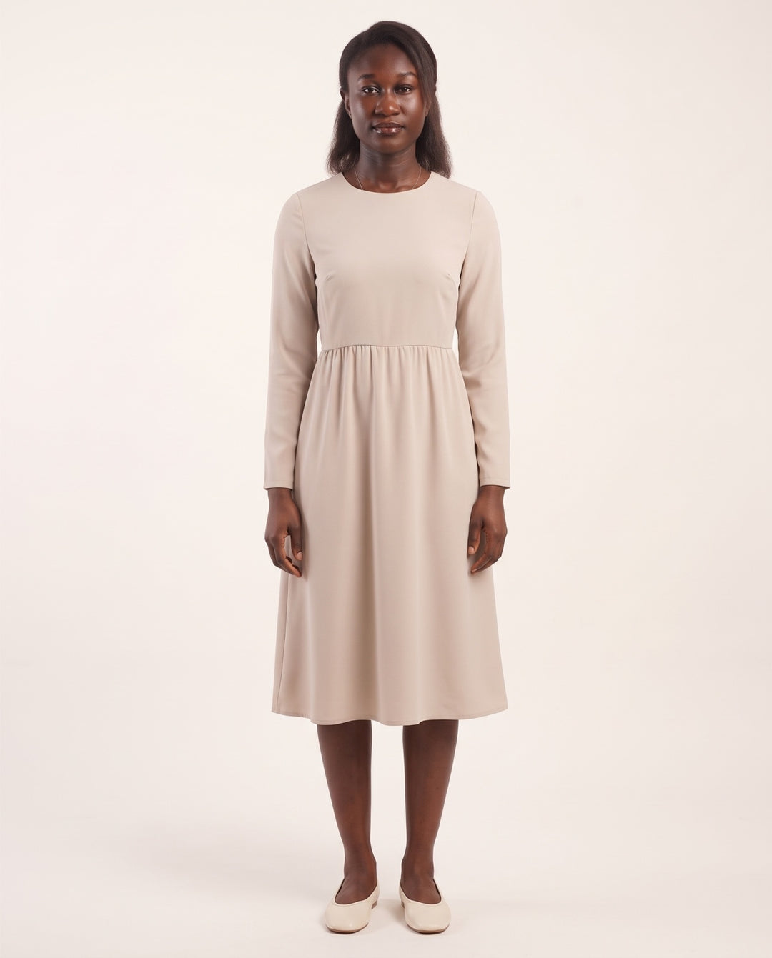 Gathered-Waist Crepe Midi Dress