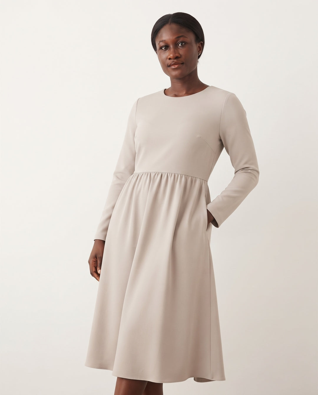 Gathered-Waist Crepe Midi Dress