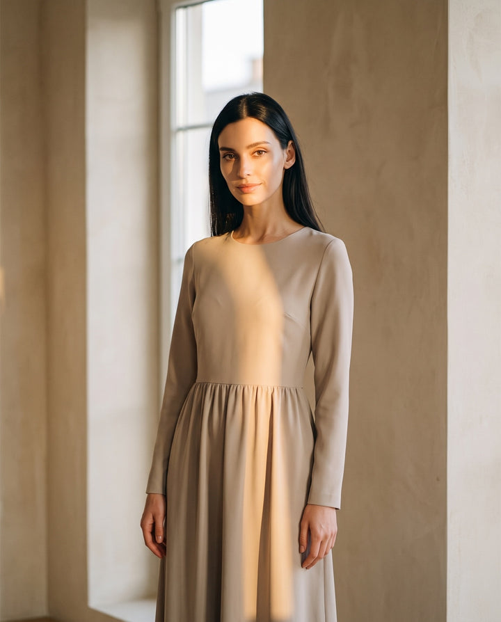Gathered-Waist Crepe Midi Dress