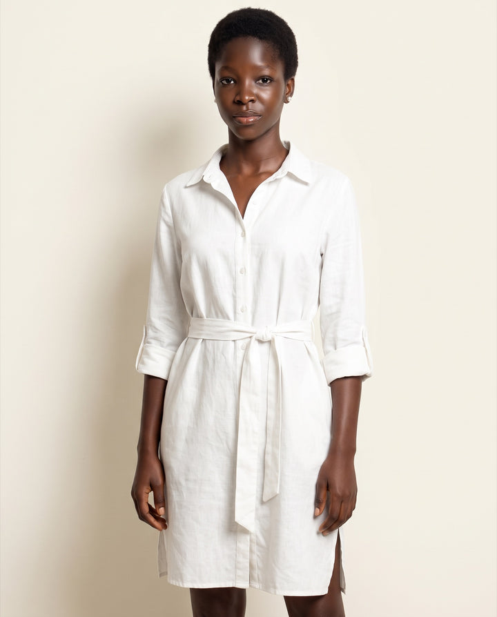 Linen-Blend Belted Shirt Dress