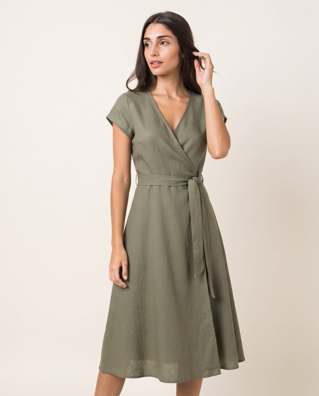Linen-Blend Wrap Midi Dress