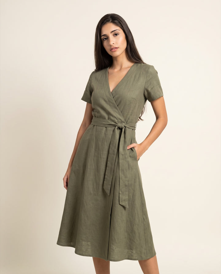Linen-Blend Wrap Midi Dress
