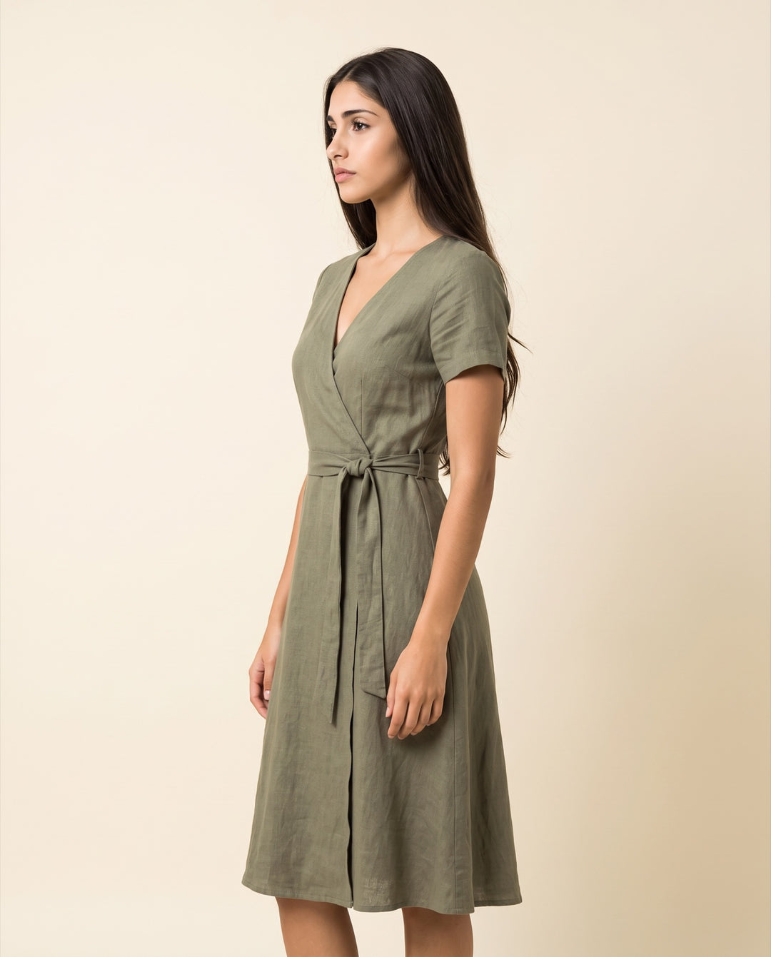 Linen-Blend Wrap Midi Dress