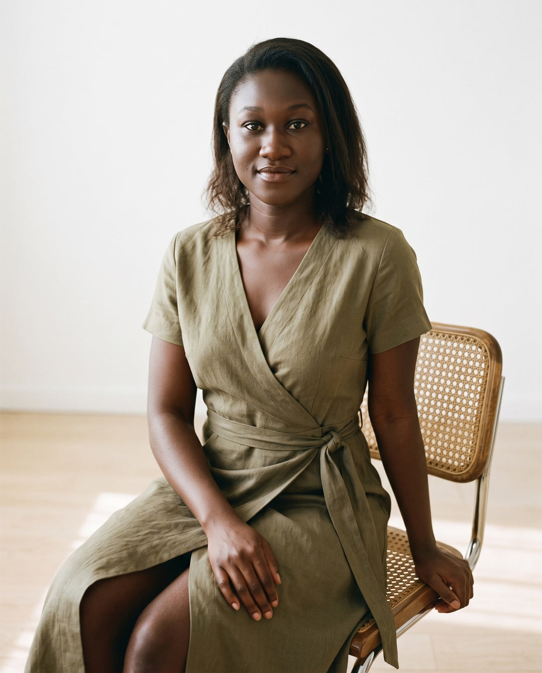 Linen-Blend Wrap Midi Dress