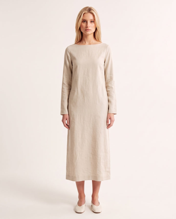 Boat-Neck Linen-Blend Midi Dress