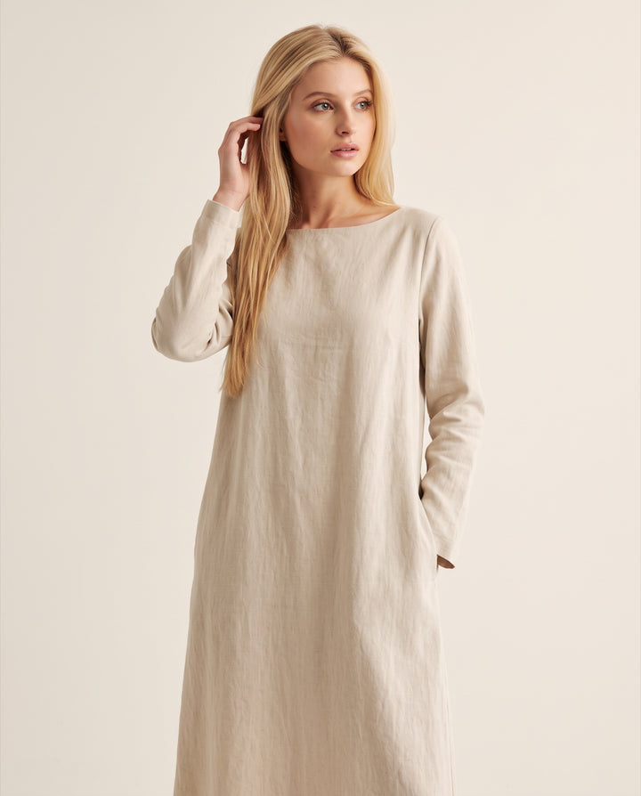 Boat-Neck Linen-Blend Midi Dress