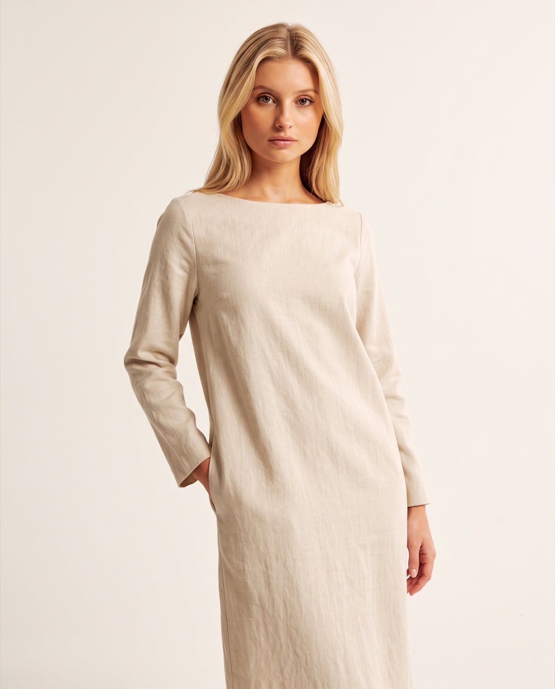 Boat-Neck Linen-Blend Midi Dress