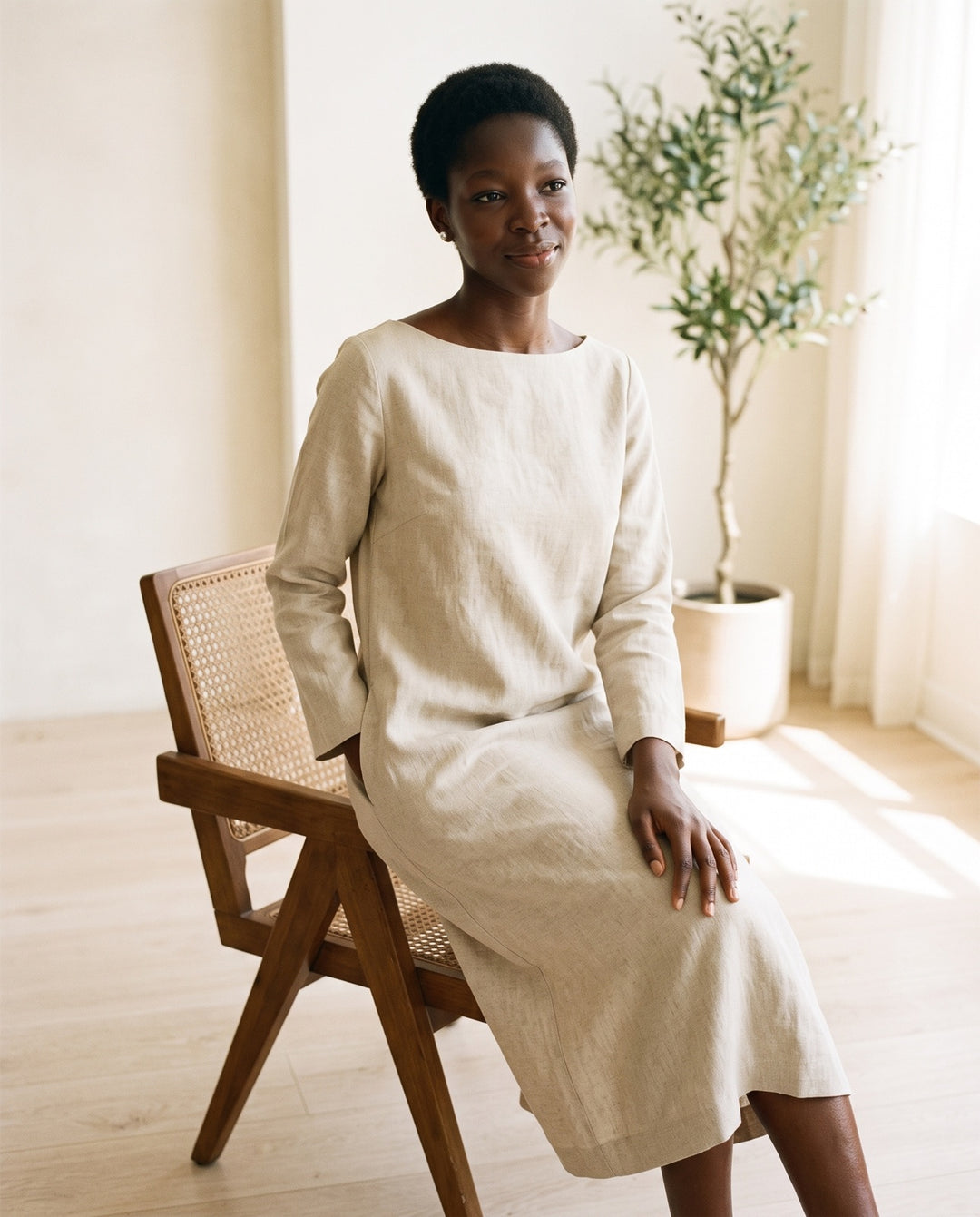 Boat-Neck Linen-Blend Midi Dress