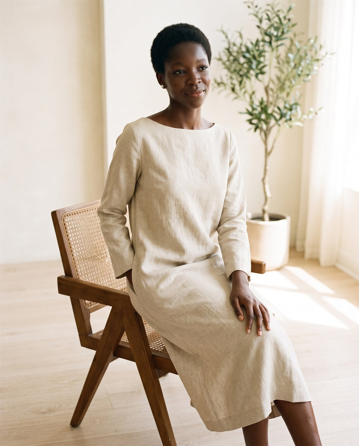Boat-Neck Linen-Blend Midi Dress