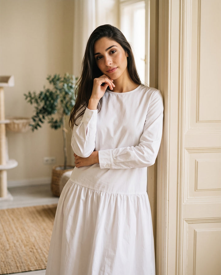 Drop-Waist Poplin Midi Dress