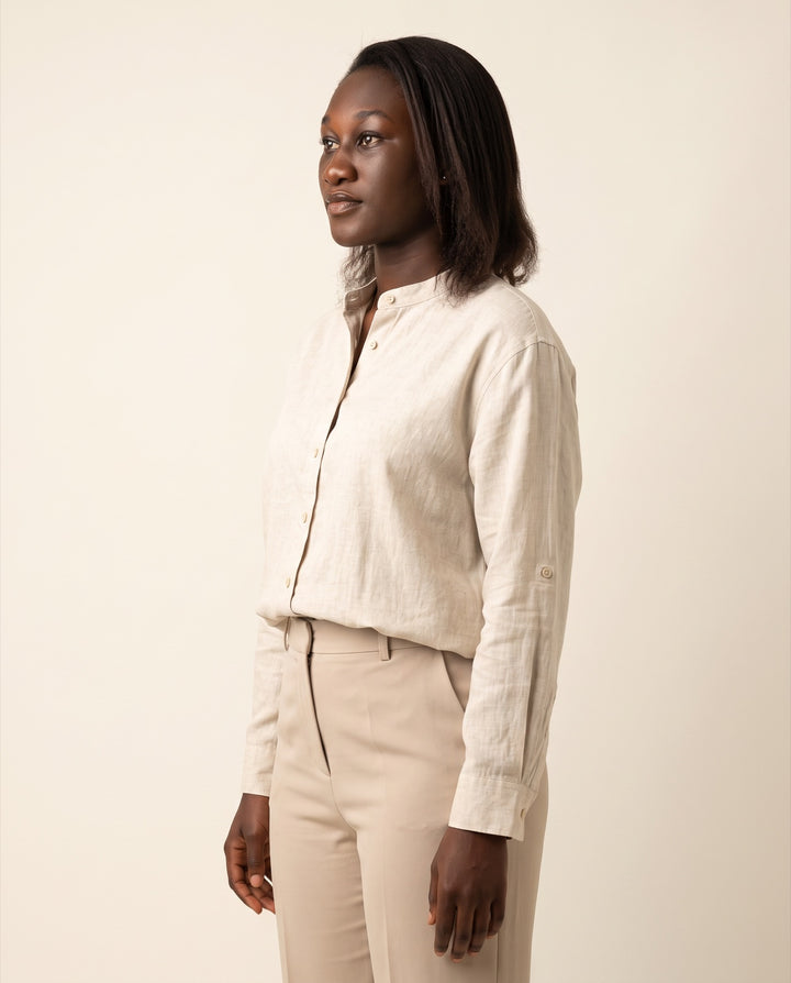 Linen-Blend Band-Collar Shirt