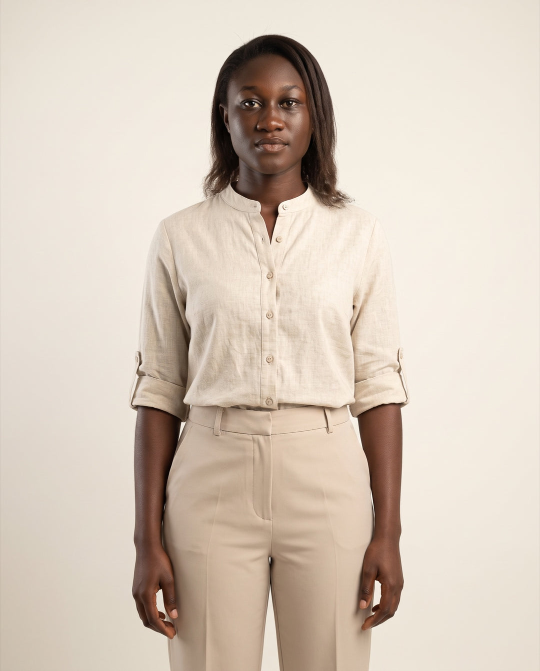Linen-Blend Band-Collar Shirt