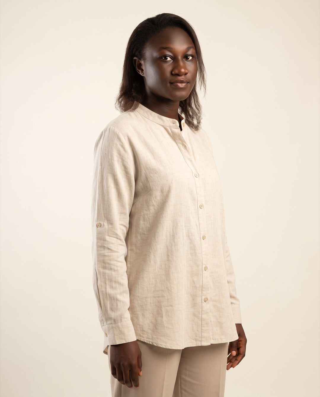 Linen-Blend Band-Collar Shirt