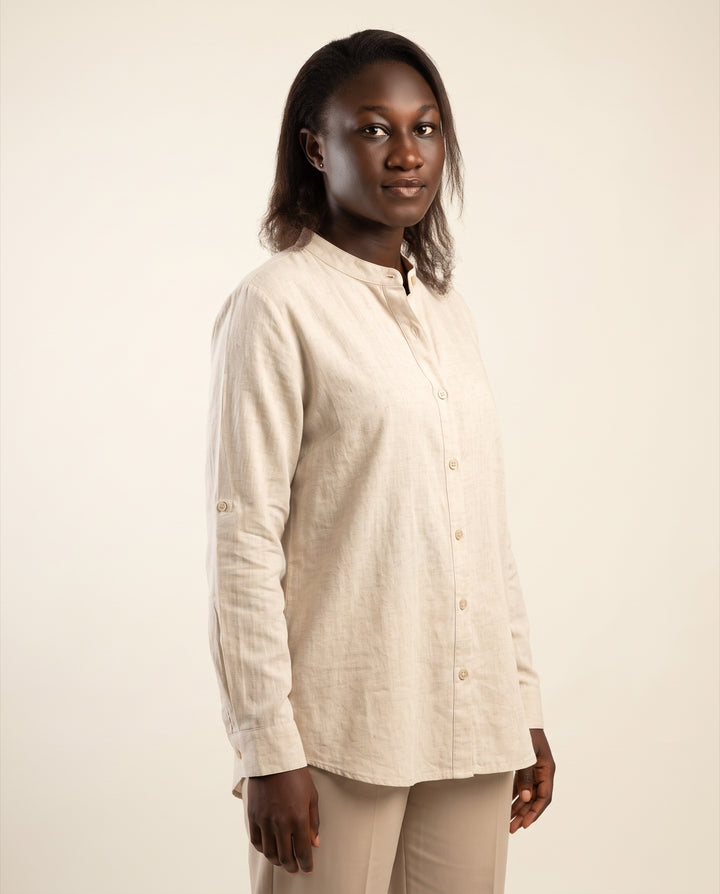 Linen-Blend Band-Collar Shirt