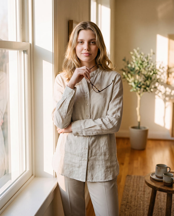 Linen-Blend Band-Collar Shirt