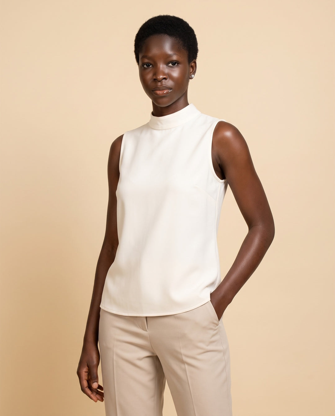 High-Neck Crepe Sleeveless Blouse
