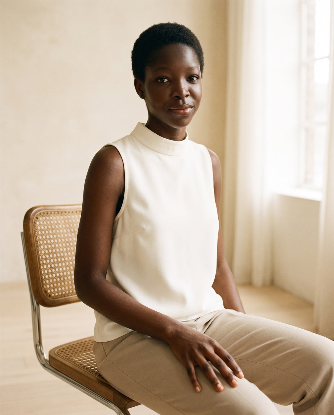 High-Neck Crepe Sleeveless Blouse