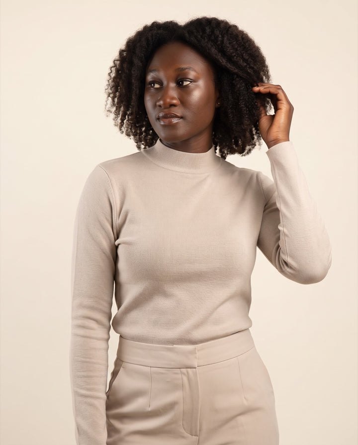 Fitted Fine-Knit Mock-Neck Top