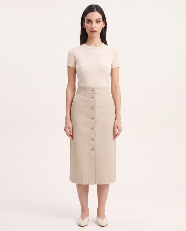 Button-Front Twill Midi Skirt