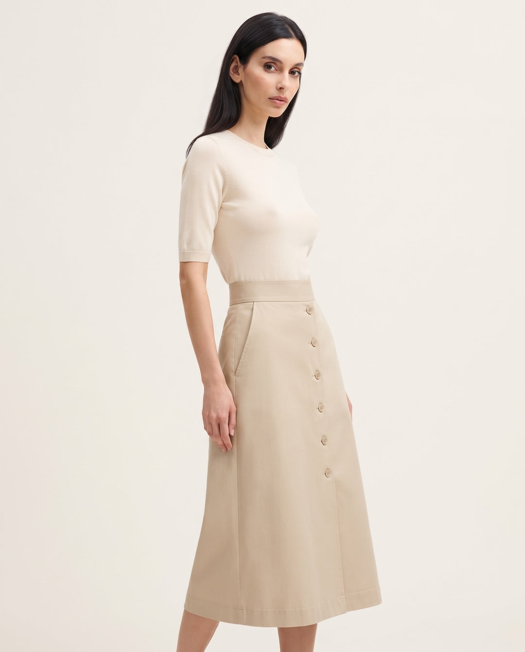 Button-Front Twill Midi Skirt
