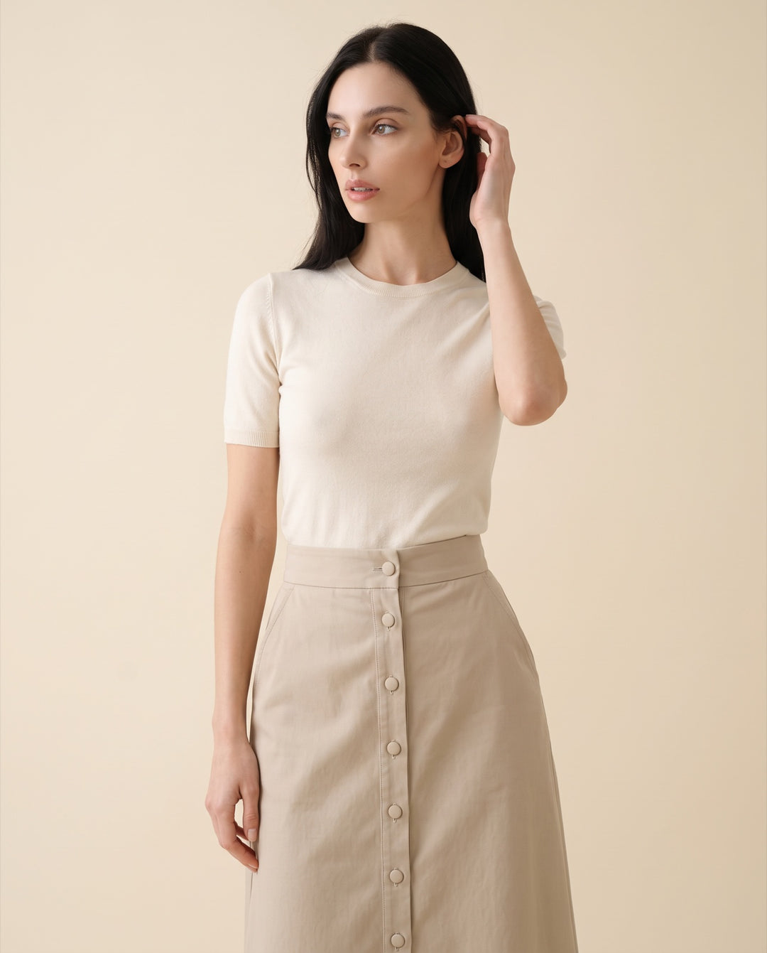 Button-Front Twill Midi Skirt