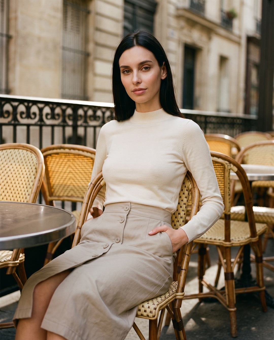 Button-Front Twill Midi Skirt