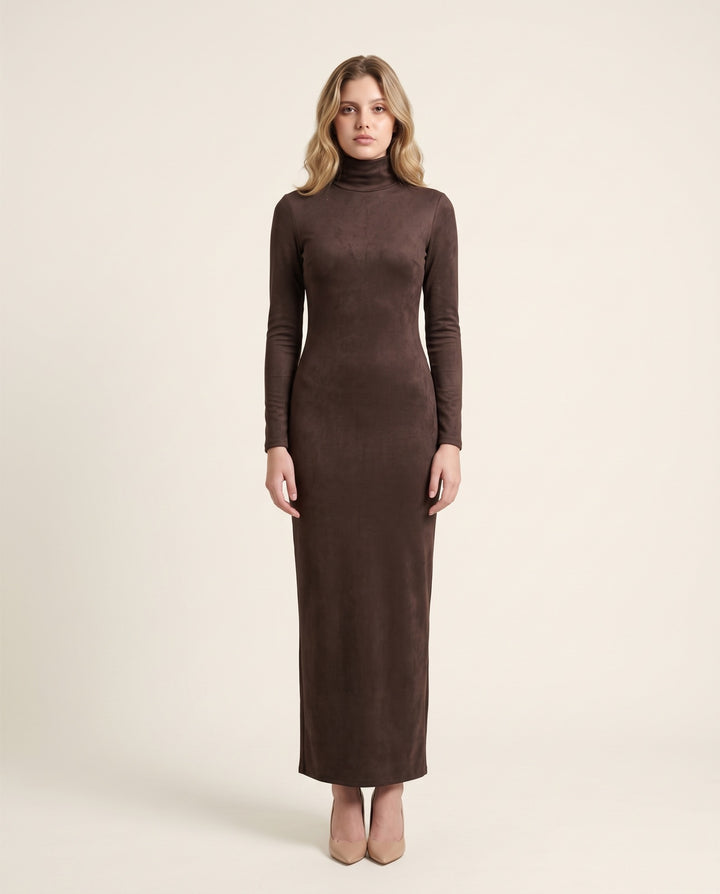Faux-Suede Turtleneck Column Maxi Dress