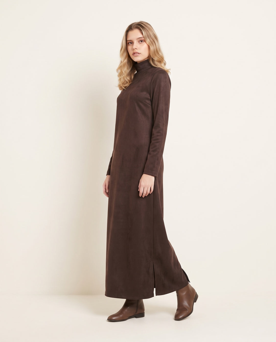 Faux-Suede Turtleneck Column Maxi Dress