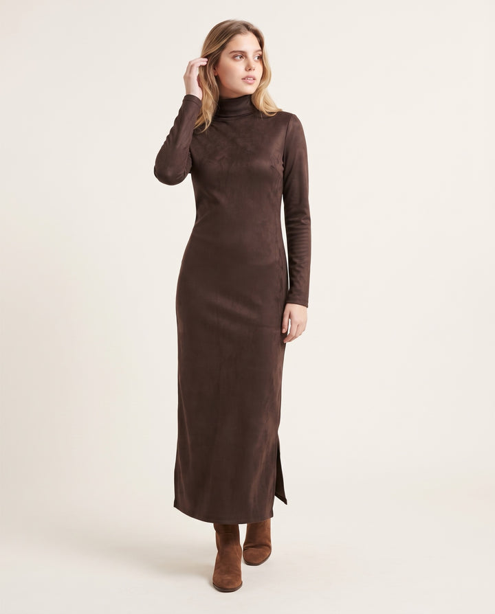 Faux-Suede Turtleneck Column Maxi Dress