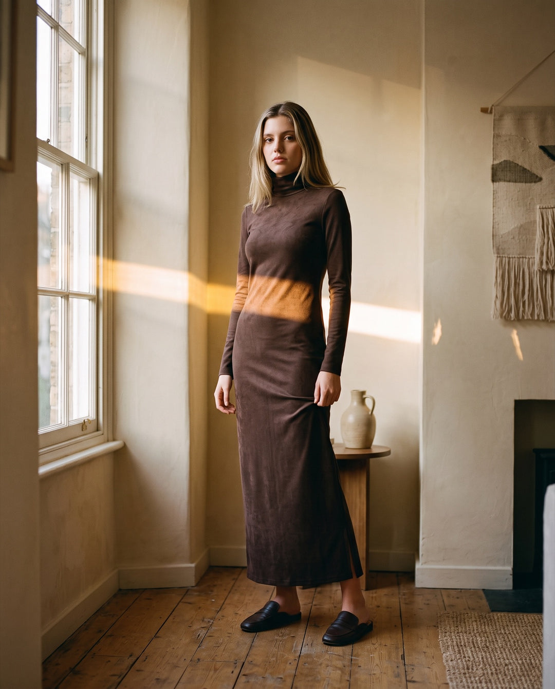 Faux-Suede Turtleneck Column Maxi Dress