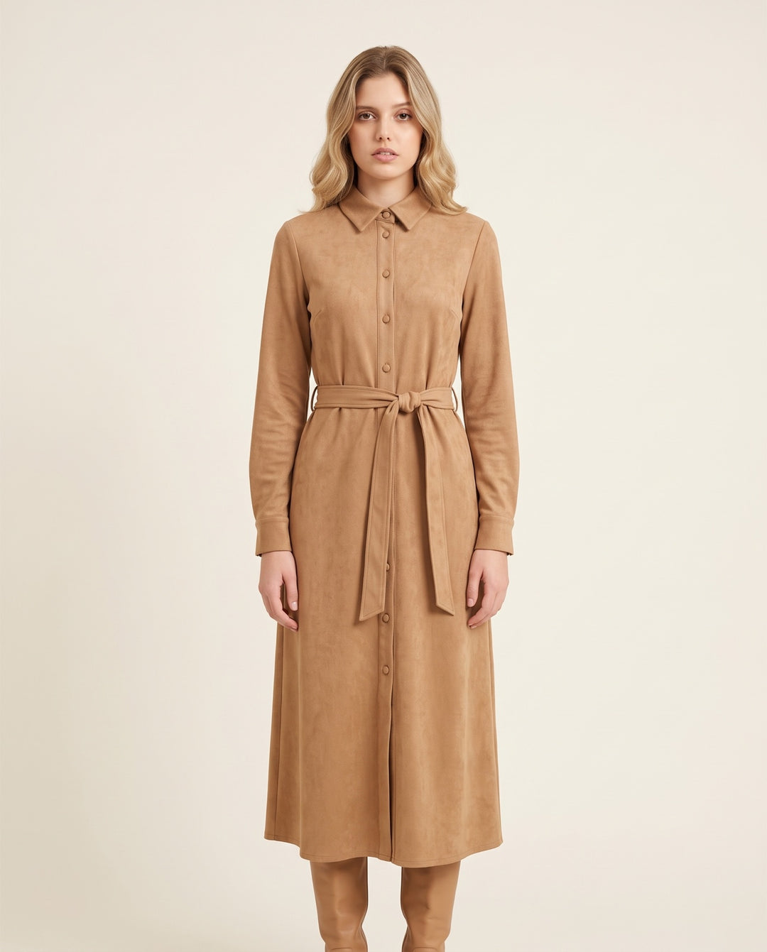 Faux-Suede Belted Shirt Midi Dress