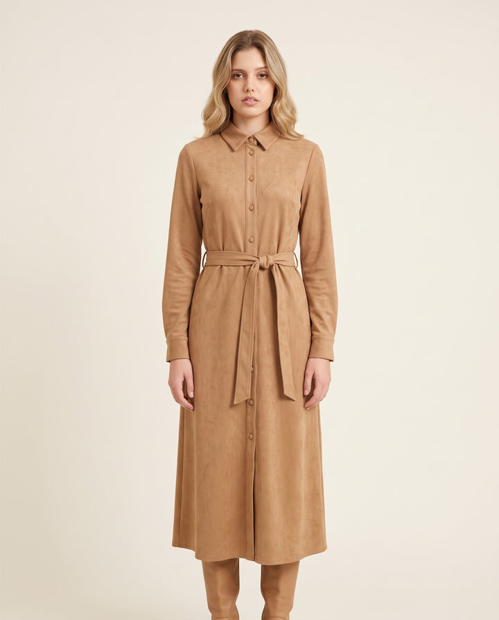 Faux-Suede Belted Shirt Midi Dress
