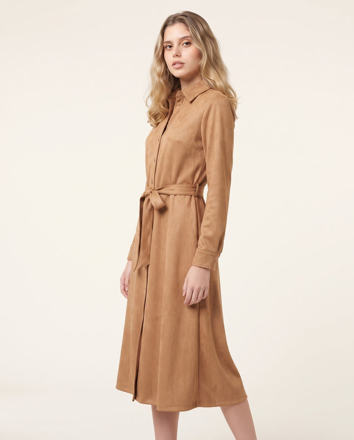 Faux-Suede Belted Shirt Midi Dress