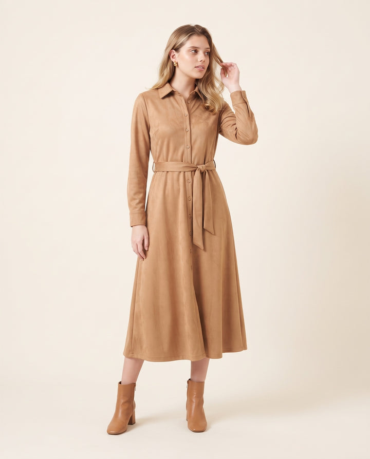 Faux-Suede Belted Shirt Midi Dress