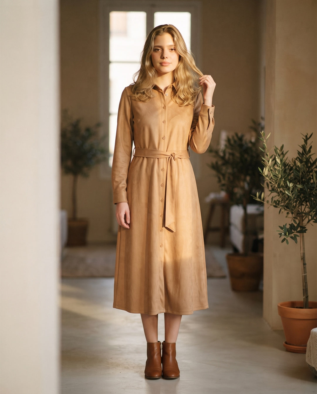 Faux-Suede Belted Shirt Midi Dress