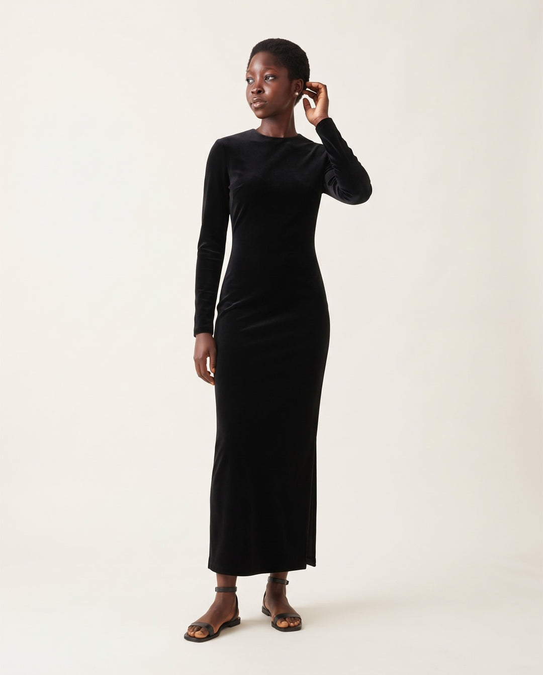 Long-Sleeve Velvet Column Maxi Dress