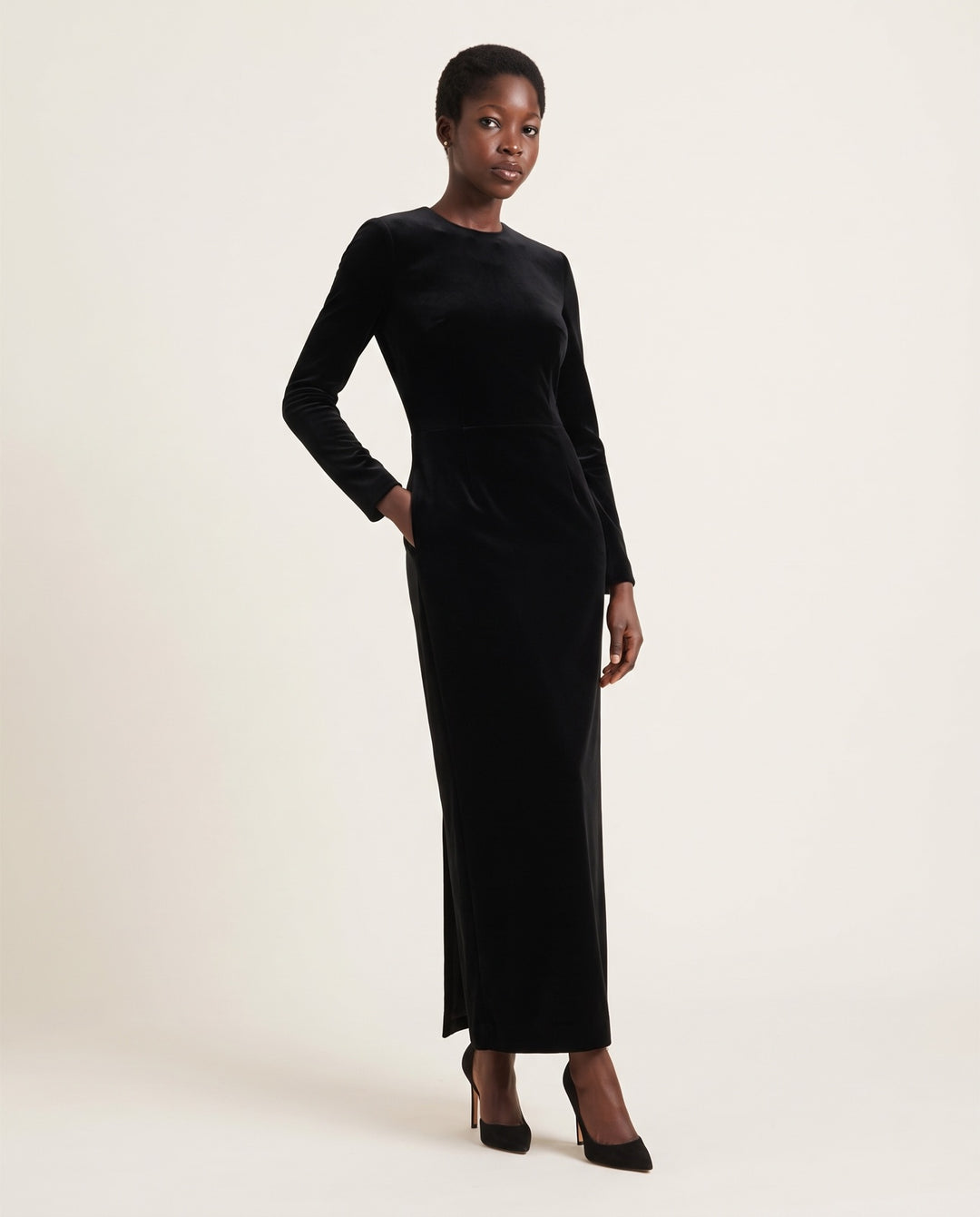 Long-Sleeve Velvet Column Maxi Dress