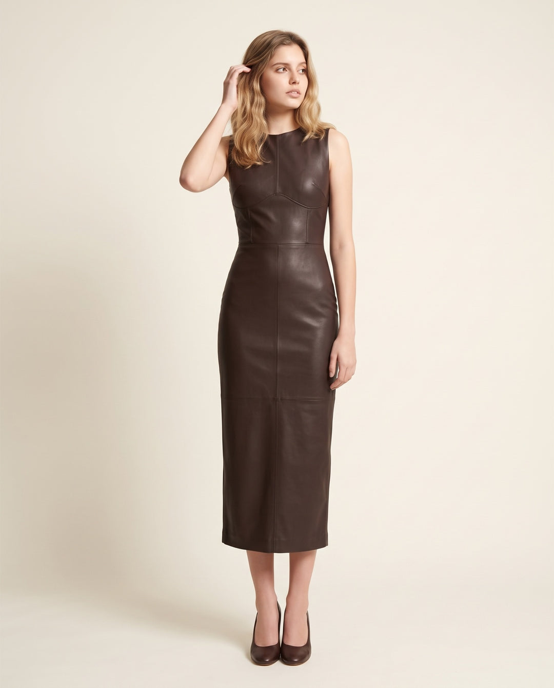 Faux-Leather Sheath Midi Dress