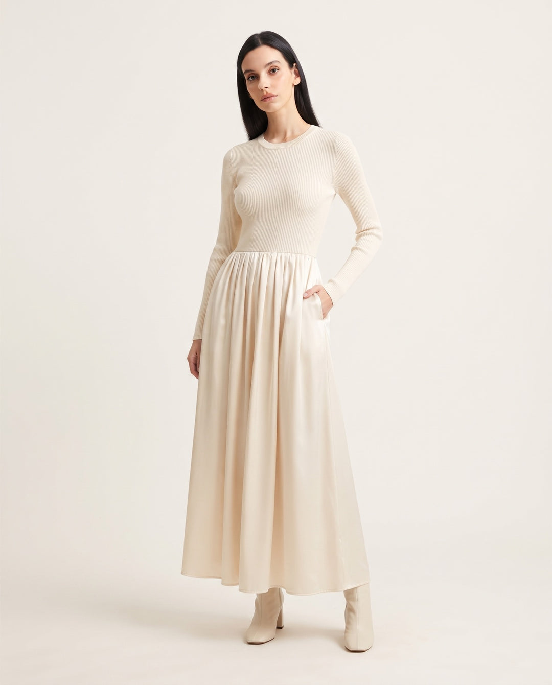 Rib-Knit Bodice Pleated Satin Maxi Dress