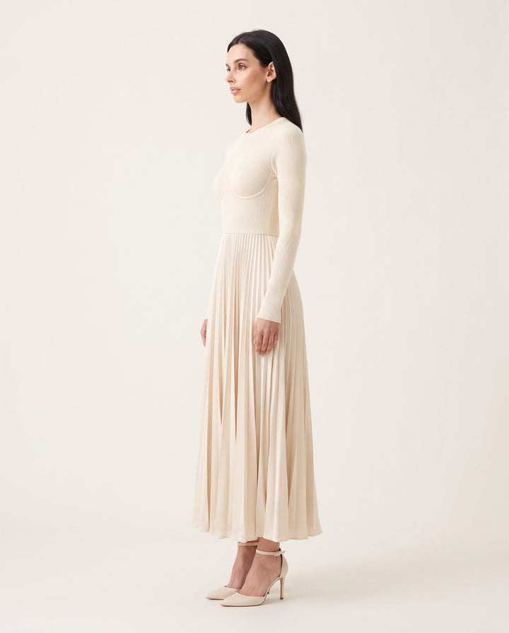 Rib-Knit Bodice Pleated Satin Maxi Dress