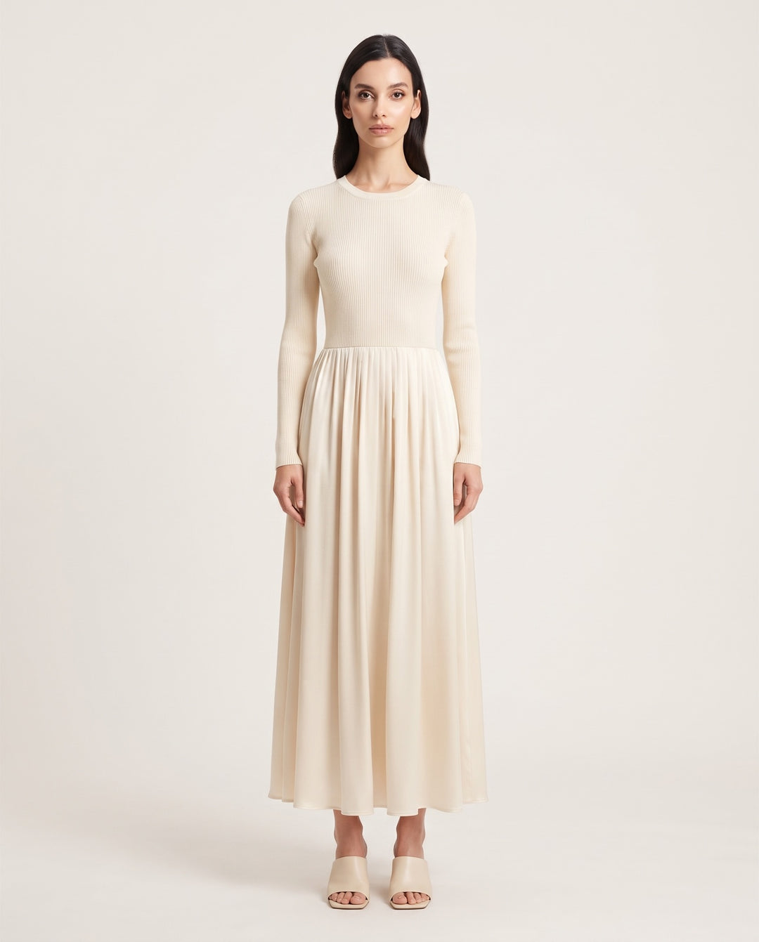 Rib-Knit Bodice Pleated Satin Maxi Dress