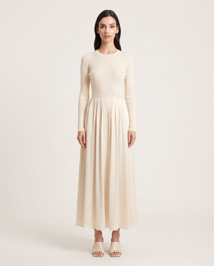 Rib-Knit Bodice Pleated Satin Maxi Dress