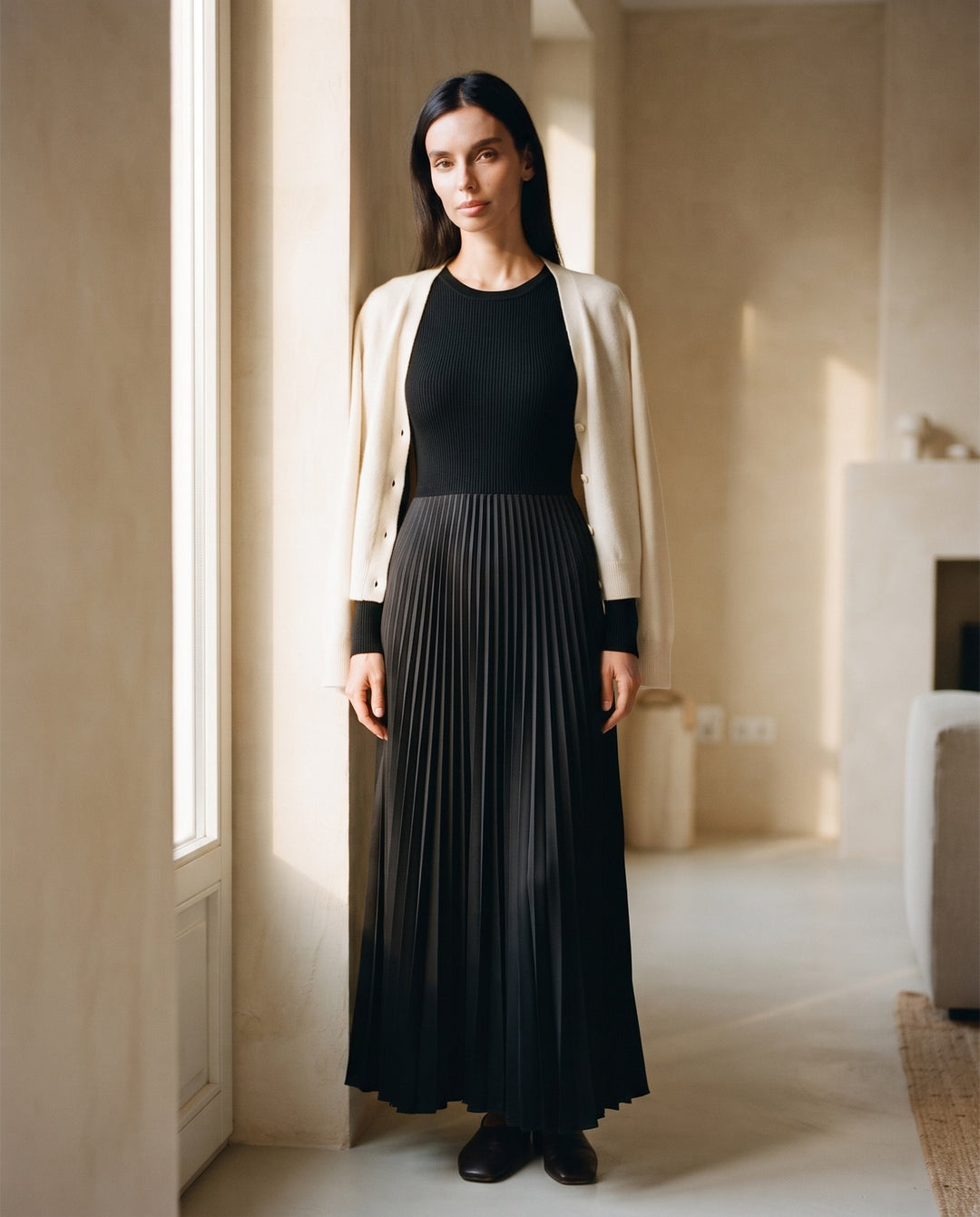 Rib-Knit Bodice Pleated Satin Maxi Dress