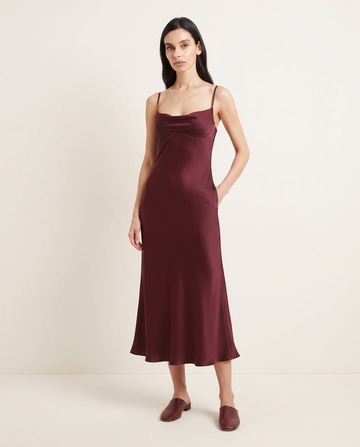 Cowl-Neck Bias Satin Slip Midi Dress